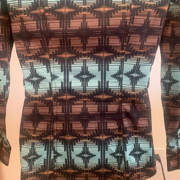 Women's Turquoise with Black and Chocolate Aztec Print Long Sleeve Western Shirt - Picture 4 of 8